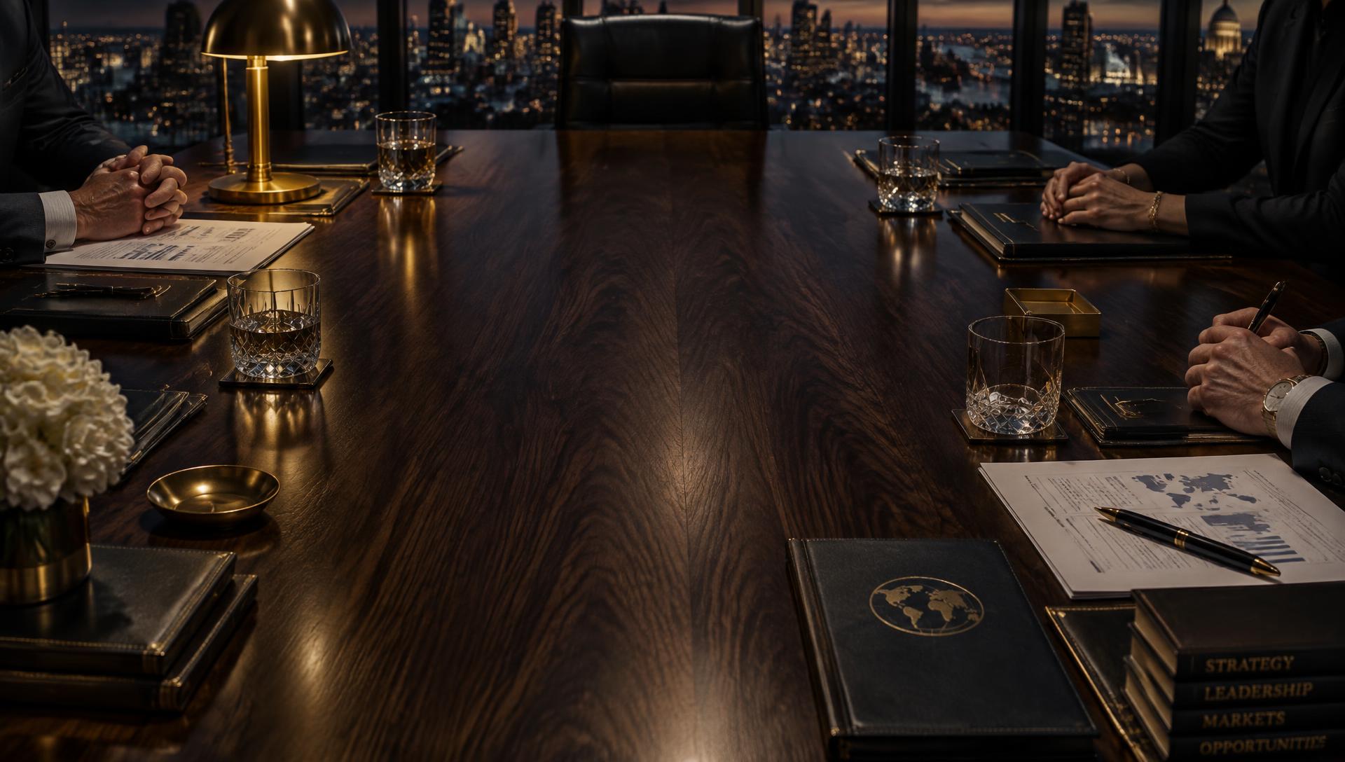 A long boardroom table at dusk, with hands, documents, and glasses placed around it